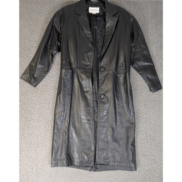 Charles Klein Leather Overcoat Womens Small Black Button Soft Long Lined Jacket - Picture 1 of 16